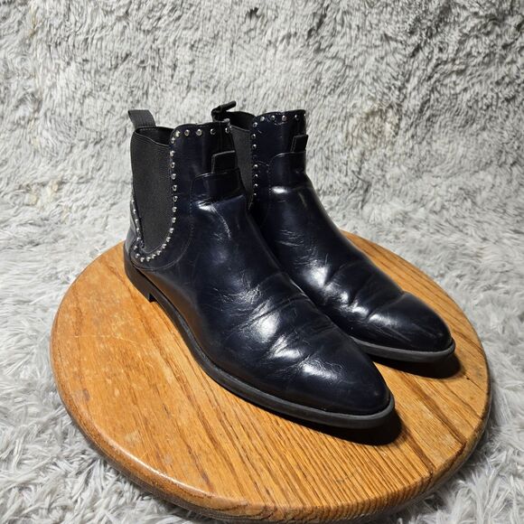 Zara Women Size 10.5/11 EU 41 Dark Blue/Black Leather Chelsea Studded Ankle Boot - Picture 1 of 10